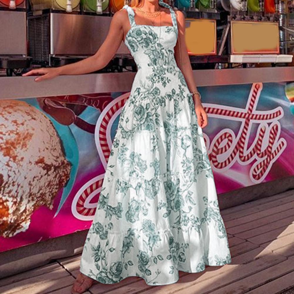 Women Dress Floral Print Ruffles Women Flower Pattern Long Dress Streetwear 