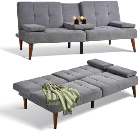 COLAMY Futon Sofa Bed-Fabric Small Futon Couch, Futon Lounge Sofa, Futon Convertible with Cup Holder, Removable Armrest, Adjustable Backrest Lightgrey