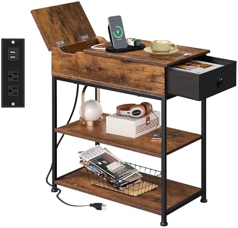 WLIVE Narrow Side Table with Charging Station, End Table for Living Room, Couch Side Table with Fabric Drawer for Bedroon, 11.8‘’W 23.6‘’L 24‘’H, Rustic Brown